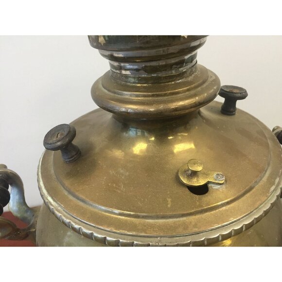 Antique Vintage Russian Brass Samovar Wood Handles Peacock Rooster Spout - Picture 8 of 10